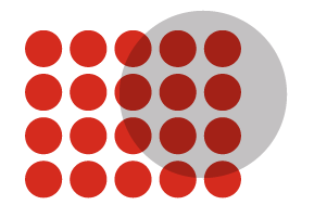 Mosaico de 16 círculos rojos pequeños sobre un círculo gris grande